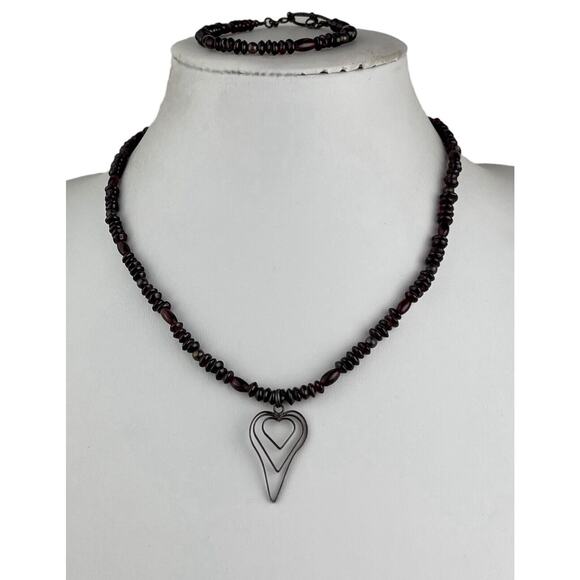 Sterling Silver Heart Pendant Amethyst Beaded Necklace 18" & Bracelet 7.5" Set - Picture 1 of 15